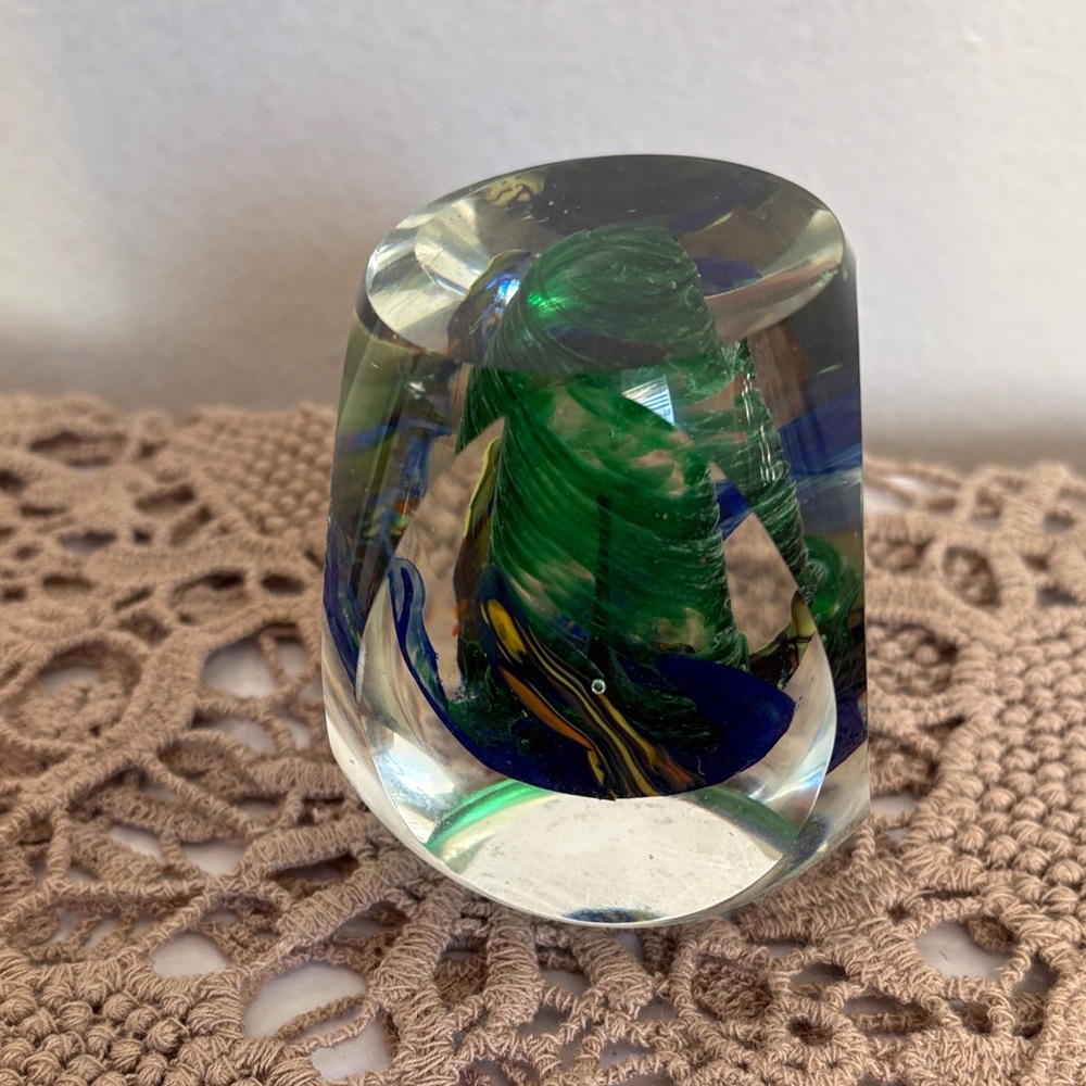 Abstract Glass Paperweight with Green and Blue Swirls